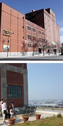 top: view of historic building; bottom: people walking on a green roof