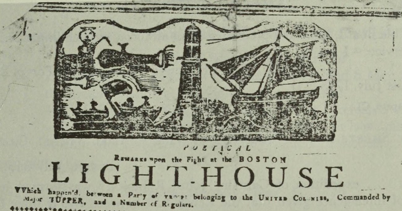 header engraving above a poem. Shows Boston lighthouse, some ships, and figures.