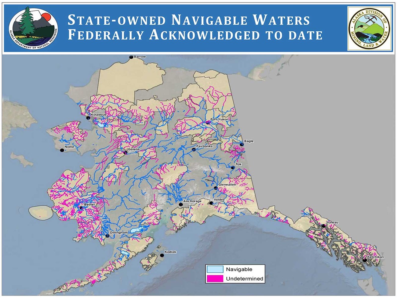 A map showing navigable and undetermined waters in Alaska along with park boundaries.
