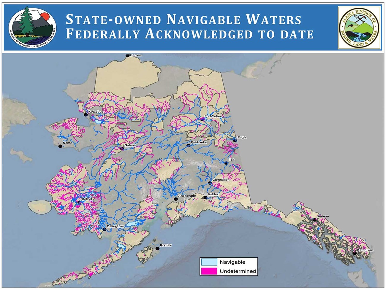 navigable waters_web A map showing navigable and undetermined waters in Alaska along with park boundaries.
