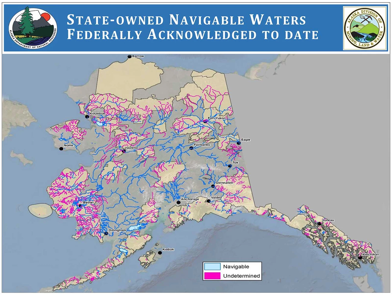 navigable waters_web A map showing navigable and undetermined waters in Alaska along with park boundaries.