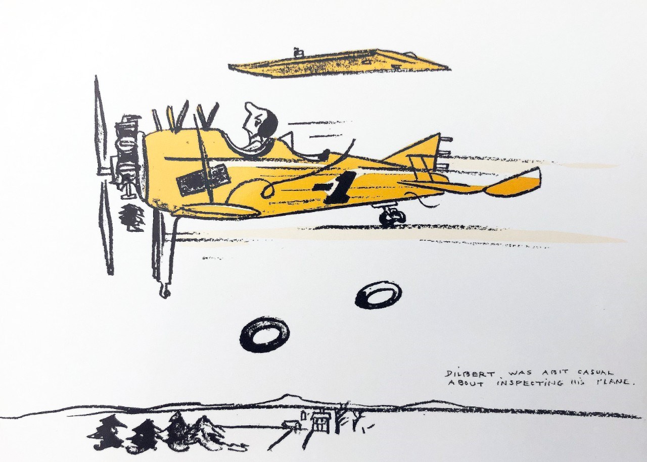 Example of Osborn's Dilbert cartoons Pilot flying a plane as pieces fall off
