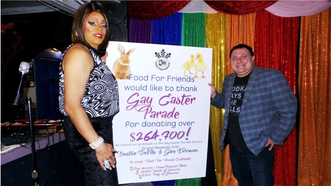 Two people posing with a Gay Easter Parade poster. Two people posing with a Gay Easter Parade poster.