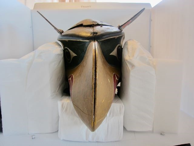 Thunderbird Headdress carefully packaged for shipping. Thunderbird Headdress (MOA ID# A4500) prepared for travel back Kwakwaka'wakw territory to Yalis (Alert Bay) on Cormorant Island, off the central coast of British Columbia, to be danced at a potlatch.