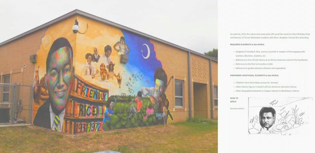 Mural celebrating the life of Principal Friendly Rice. Colorful mural showing Mr. Rice's tenure, faculty, staff, and students.