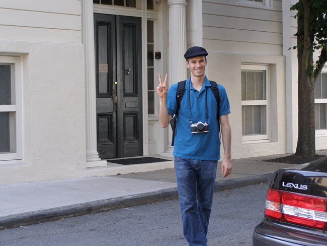 Barry Stiefel stands near Touro Synagogue in Newport, R.I., where he was conducting a historic structures report as part of his doctoral dissertation research.