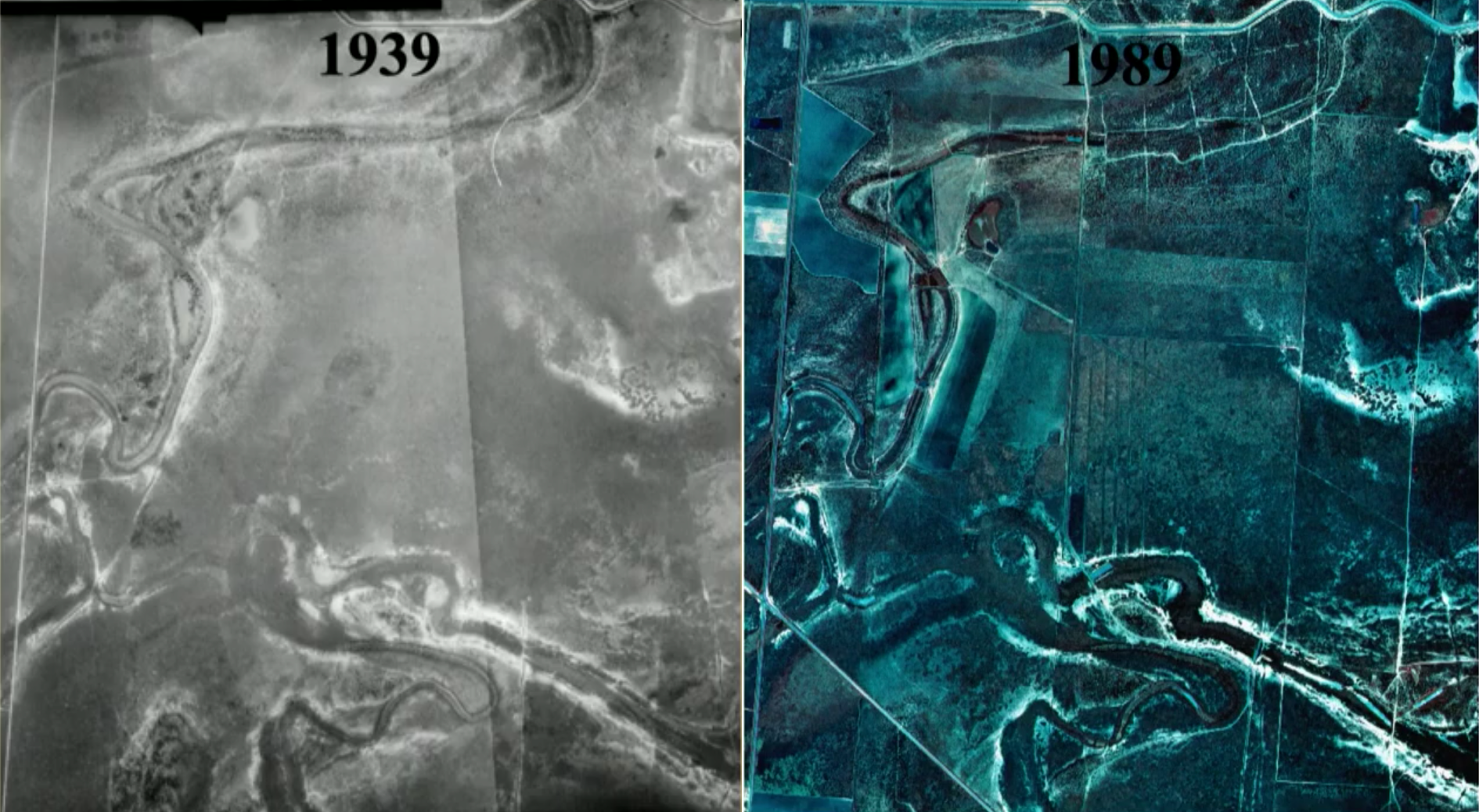 Aerial photos of the battlefield showing nearby changes between 1939 and 1989.
