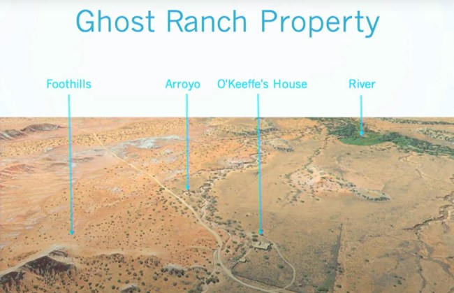 Oblique view of the Ghost Ranch topography with labels: foothills, arroyo, O'Keeffe's House, and River.