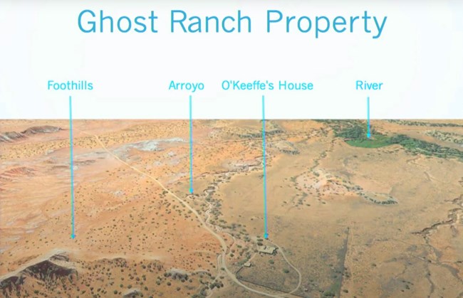 O'Keeffe Ghost Ranch Property Oblique view of the Ghost Ranch topography with labels: foothills, arroyo, O'Keeffe's House, and River.
