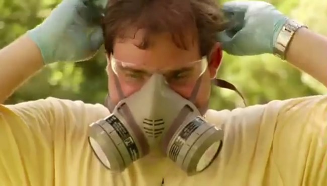 Keep in mind that when using any chemical to follow the manufacturer’s recommendations for safety and personal protective equipment. Jason Church puts on a fitted mask and wears safety goggles and gloves.