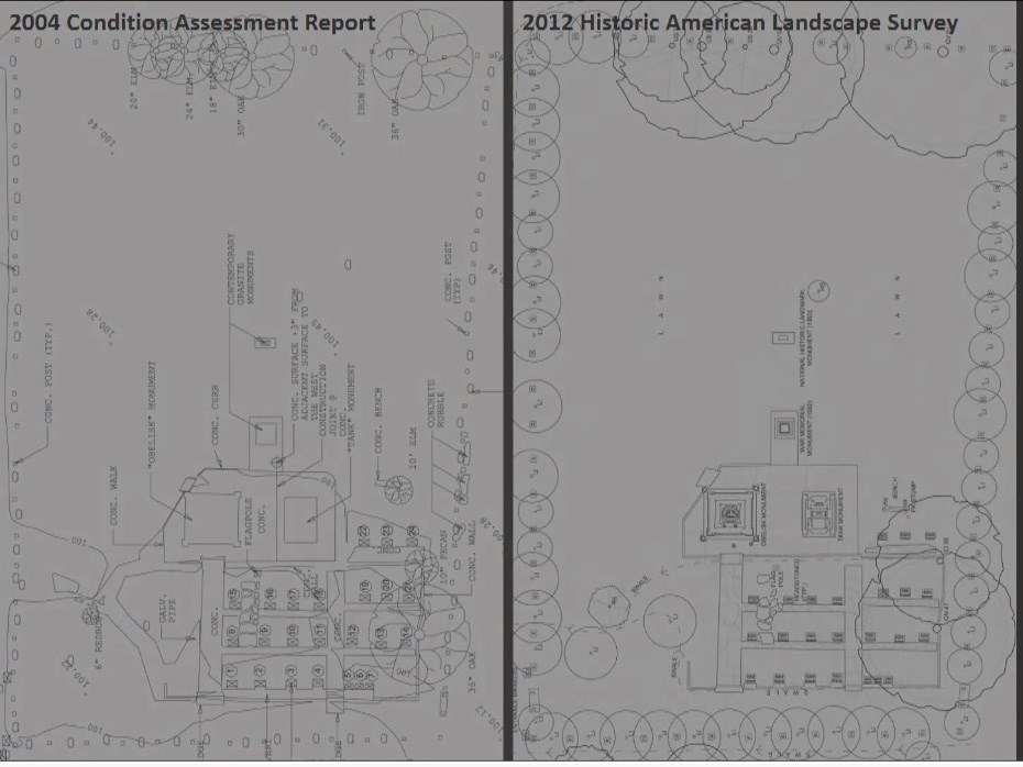 Comparison of the accuracy of the 2004 Condition Assessment Report (left) and the 2012 Historic American Landscape Survey (right) measured drawing of the same monument. Rohwer Japanese Internment Camp Cemetery Rohwer Japanese Internment Camp Cemetery drawing vs scanning.