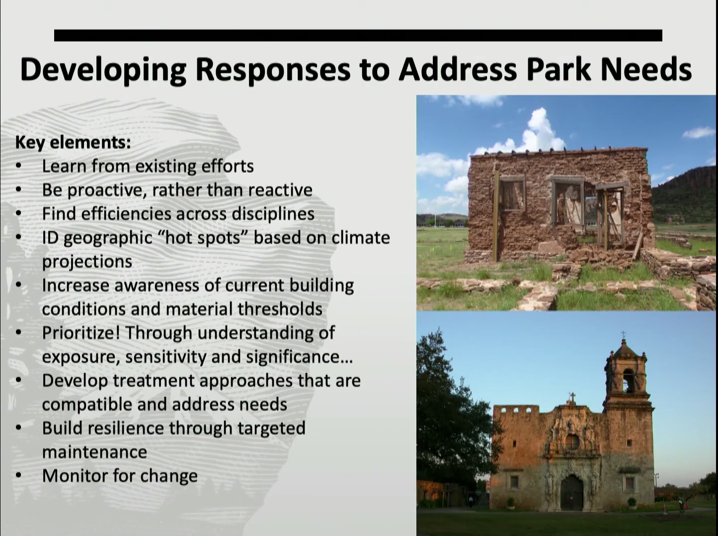 Key elements discussed in the text, photo of an earthen structure deteriorating, weathering of a church.