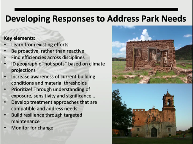 Developing Responses to Address Park Needs Key elements discussed in the text, photo of an earthen structure deteriorating, weathering of a church.