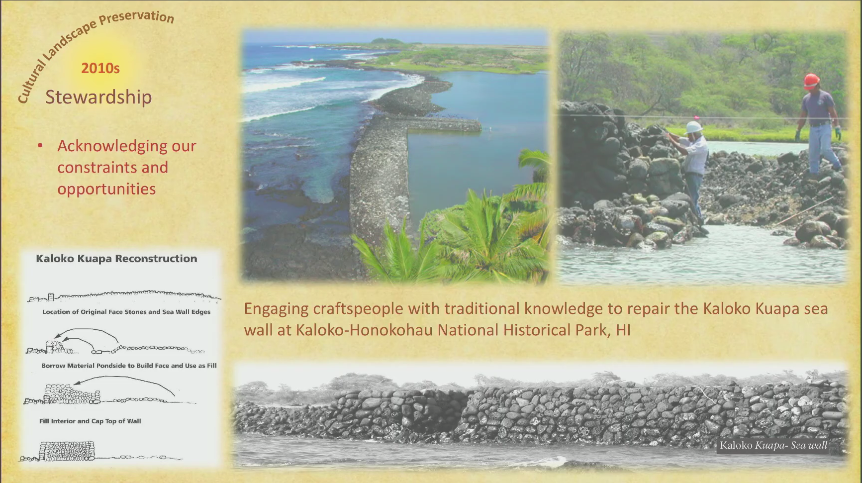 Photos of a seawall at Kaloka Kuapa, where NPS staff learn traditional techniques.