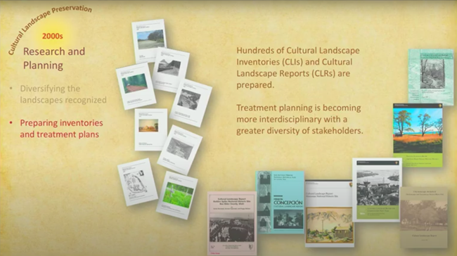 Hundreds Cultural Landscape Inventories (CLIs) and Cultural Landscape Reports (CLRs) are prepared. Image of publications - interdisciplinary guidance to help people develop treatment plans, and inventories.