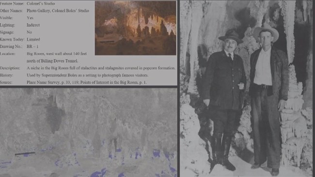 Historical images can be matched to locations in the point clouds, like Superintendent Colonel Boles' Studio and historic photo.