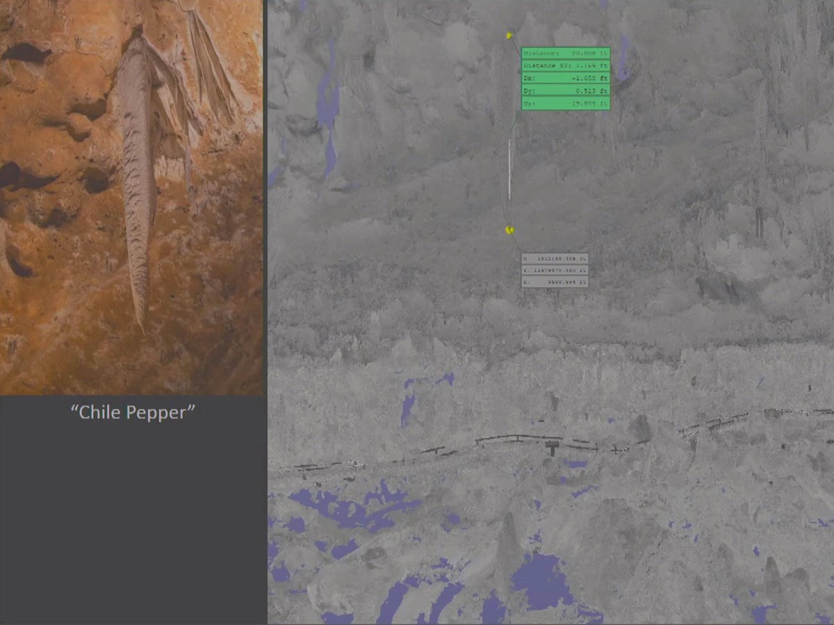 A stalagtite in Carlsbad Caverns called the Chili Pepper, shown in raster and within the point cloud.
