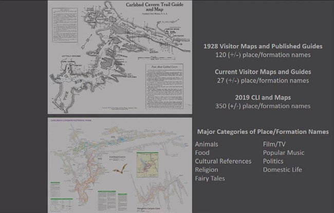 Detailed black and white and color visitor maps, top from 1928, bottom produced from 3D survey.