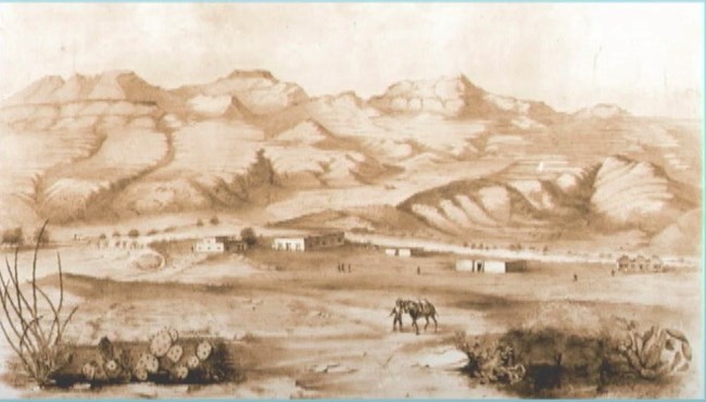 Painting of a modest adobe molino compound circa 1850s.