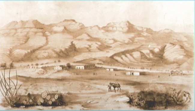 Hart's MillHart's Mill: Originally supplied flour to American military outposts, and expanded into a major freight and trading post as El Paso grew. Painting of a modest adobe molino compound circa 1850s.