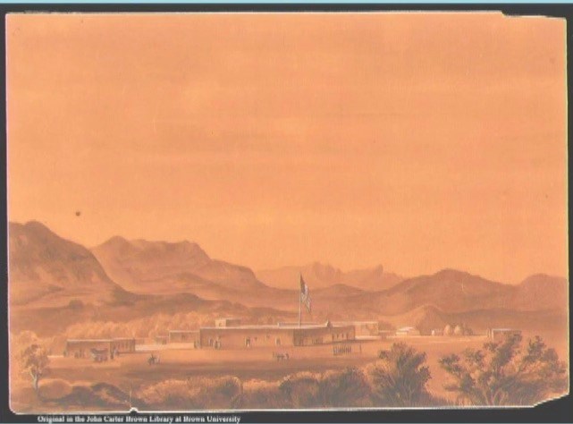 An illustration of an adobe fort and buildings with a reddish hue.