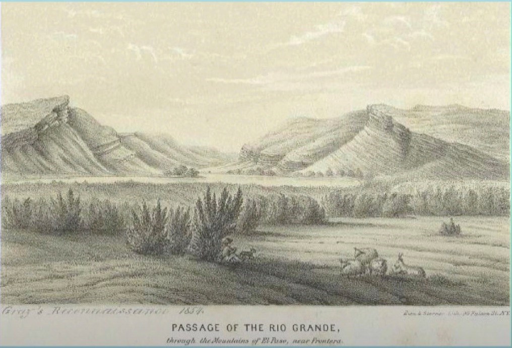 1854 sketch depicting mountains in the background, Rio Grande in the midground and a field with sheep and sheperd in the forground.
