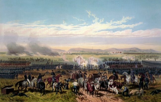 Period lithograph depicting a Napoleonic era battlefield.