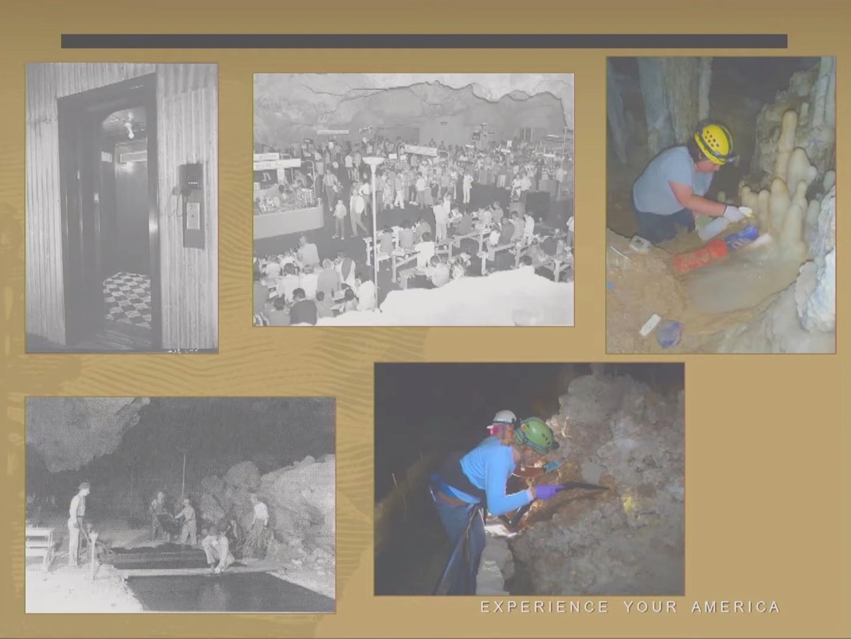 Three black and white photos of the built environment within the cave, restrooms, seating, lighting. Two color photos show staff removing biological growth and lint, the result of lighting and visitor traffic.