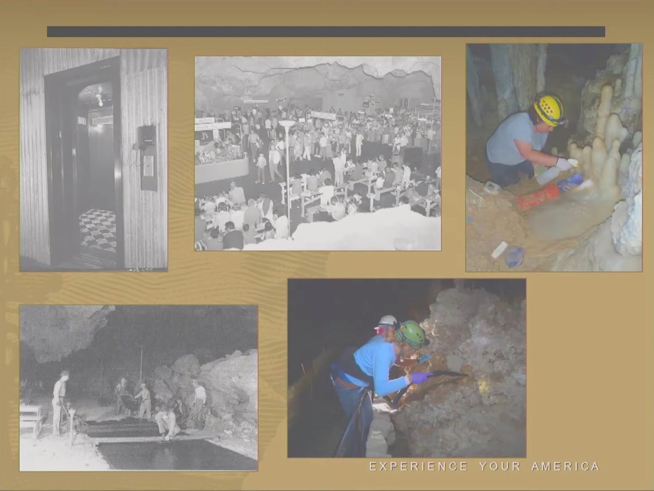 Data gathered from highly detailed 3D scans can be used to further refine and inform resource protection. Three black and white photos of the built environment within the cave, restrooms, seating, lighting. Two color photos show staff removing biological growth and lint, the result of lighting and visitor traffic.