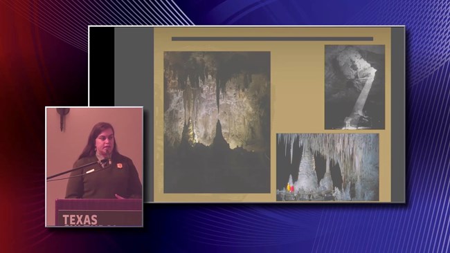 Erin Gearty speaks at a lectern. Three photos of artfully lit formations in Carlsbad Caverns National Park.