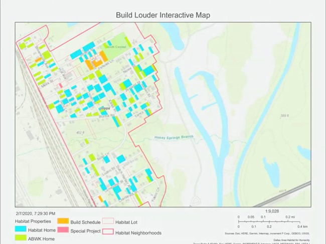 Build Louder Interactive Map Buildings color coded by type: Habitat Home, ABWK Home, Build Schedule, Special Project, and lots.
