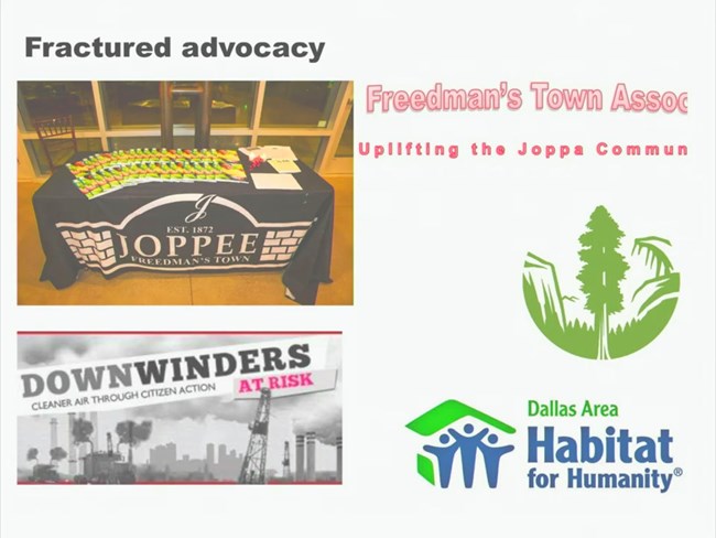 Fractured advocacy in the Joppa Community Photo of many organizations which work in silos rather than collaboratively.