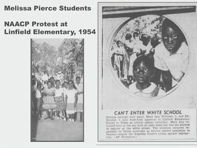 Newspaper clippings of protests, black children denied admission to white schools.