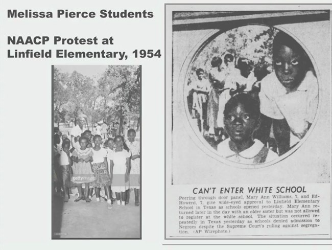 NAACP organized a protest where Melissa Pierce students actually went to Linfield elementary school which was the white elementary school. Newspaper clippings of protests, black children denied admission to white schools.