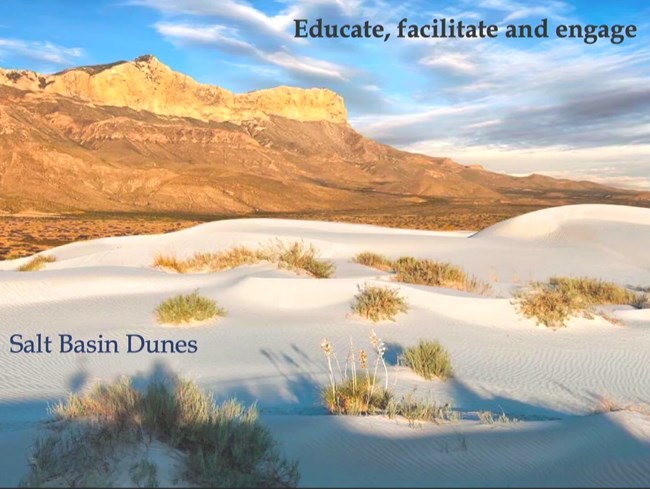 Salt Basin Dunes White dunes lay in the foreground with sparse brush, mountains in the background.