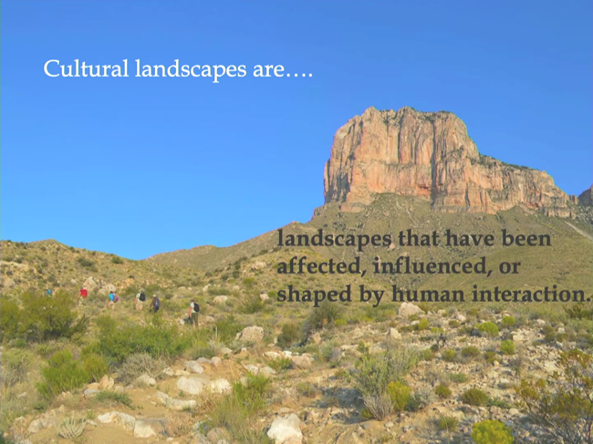 Cultural landscapes are landscapes that have been affected, influenced, or shaped by human interaction. Hikers follow a trail in foreground with El Capitan in the background.