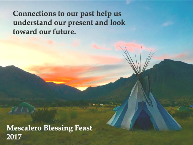 Mescalero Blessing Feast 2017 A tipi and other tents in a meadow at sunset.