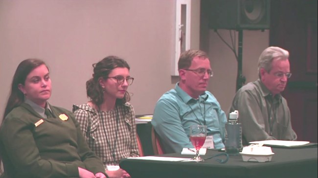 Four project team members sit together at a long table.