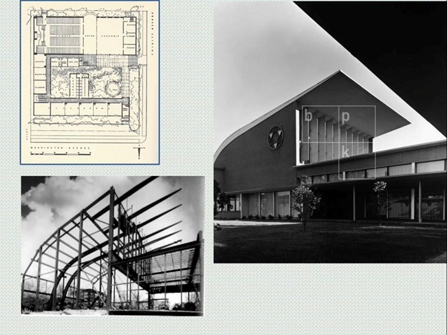 Three images: a floorplan of the synagogue, the steel skeleton, and a side-view.