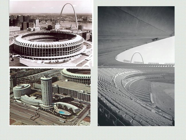 Busch Memorial Stadium has an arched roof design. Seen from above with St. Louis Arch in the background.