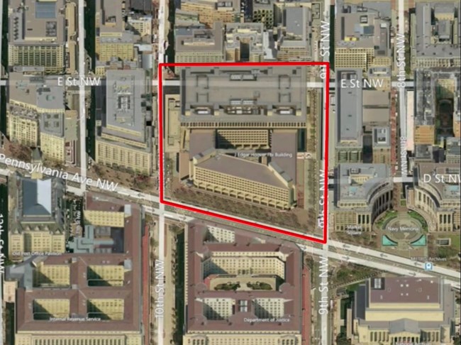Overhead view of FBI Headquarters and the double-block it occupies.