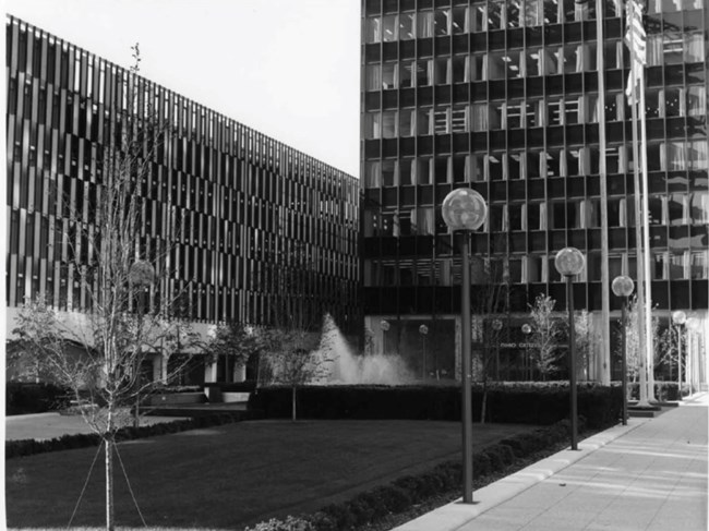 A historic photo of the recently opened parking garage by Fiberglas Tower. A historic photo of the recently opened parking garage by Fiberglas Tower.