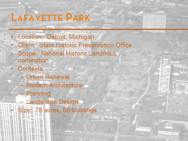 Contexts: Urban renewal, Modern architecture, Planning, Landscape design. 78 acres, 66 buildings.