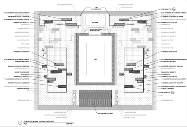 A top-down architectural drawing of the Lafayette Towers Plaza plan to include more green space.