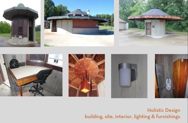 Holistic Design: Building, site, interior, lighting, and fixtures are all taken into consideration during a study of adaptive reuse. A series of photos showing the Contact Station, Concession Stand, interior  light fixtures, furnishing, and restrooms.