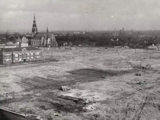 Black and white photo of Lafayette Park, scraped clean.