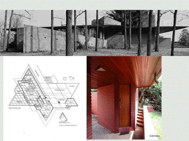 Three images: the exterior of the St. Louis craft house, a floor plan, and a detail of the brick and wood porch.