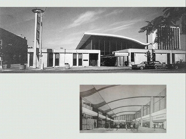 The Greyhound bus terminal also deployed thin-shelled concrete for a parabola based roof that cantilevered over the passenger terminal. External and internal views of a sweeping parabolic arc, a dynamic, swooping gesture evocative of the dynamics of travel.