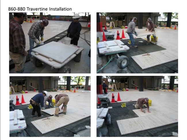 A series of four photos clockwise from upper left, careful carting, lifting, and installation of marble tiles.