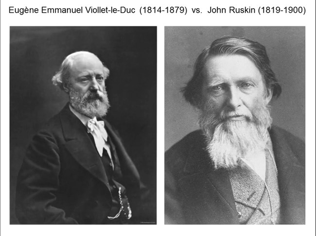 Portraits of two 19th century bearded men, left Viollet-le-Duc and right Ruskin.